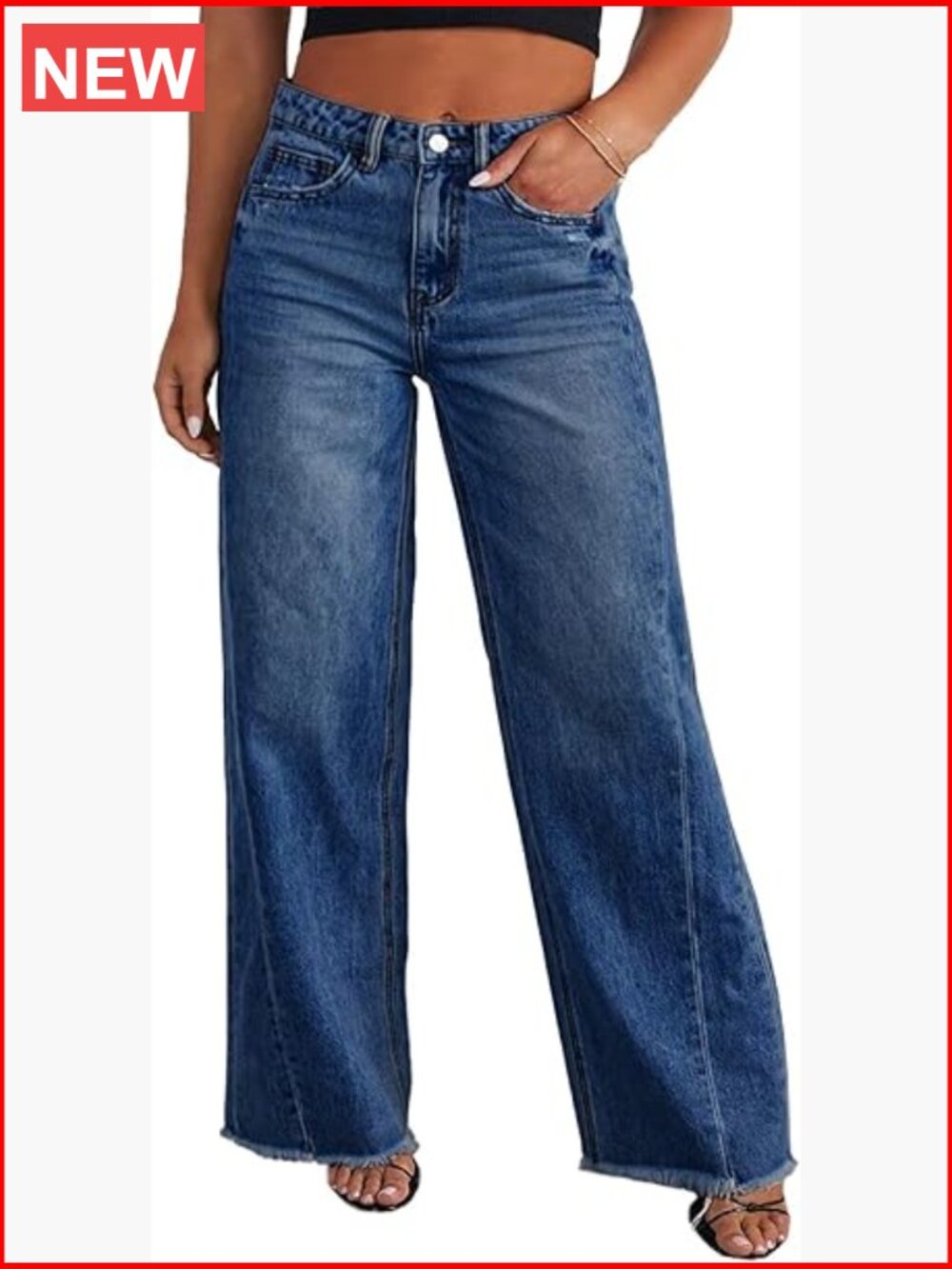 Plus Size Wide Leg Jeans Elastic High Waist Stretchy Raw Hem Denim Pants with